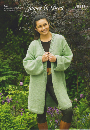 James Brett Aran Knitting Pattern Womens Long Cardigan (JB911)