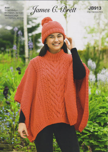 James Brett Aran Knitting Pattern Women’s Poncho & Hat (JB913)