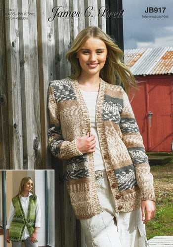 James Brett Aran Knitting Pattern Women’s Fairisle Waistcoat and Cardigans (JB917)