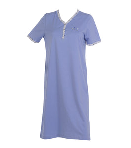 Ladies Nightdress with Polka Dot Trim & Buttons S - L (Blue or Pink)