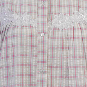 Ladies Button Through Seersucker Nightie with Floral Lace Detail (Blue or Pink)