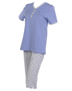 Ladies 100% Cotton 'Summer' Polka Dot Pyjamas S - L (Blue or Pink)