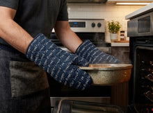 Load image into Gallery viewer, Mealtime Script Quilted Cotton Gauntlet, Pair of Gauntlets or Double Oven Glove
