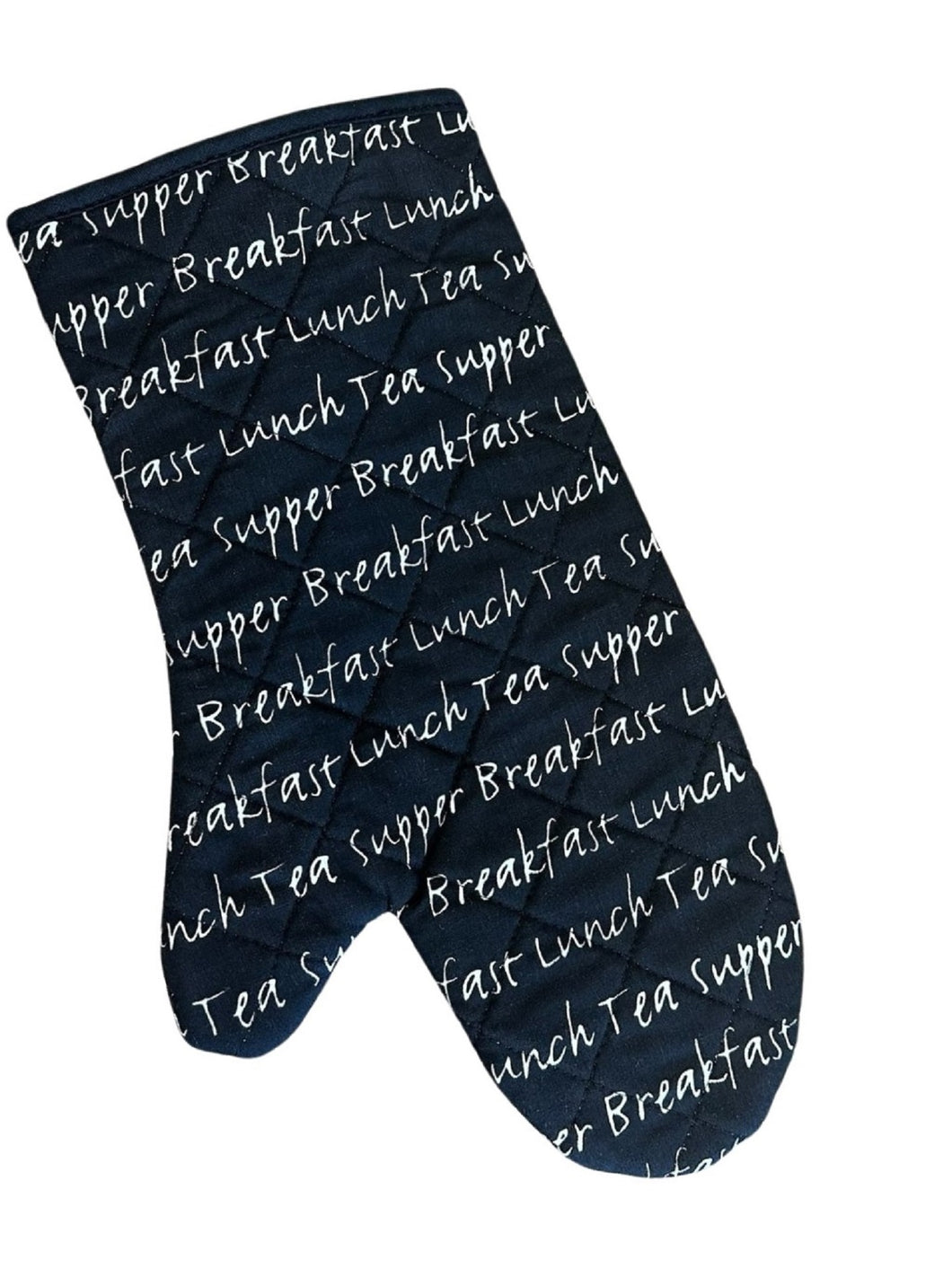 Mealtime Script Quilted Cotton Gauntlet, Pair of Gauntlets or Double Oven Glove