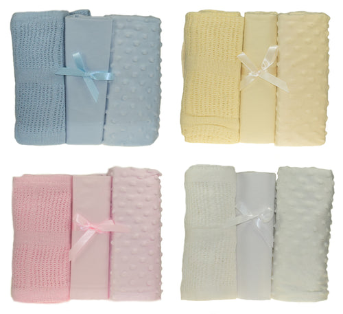 3 Piece Moses Basket or Pram Set - Blankets & Fitted Sheet (Various Colours)