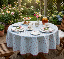 Load image into Gallery viewer, Floral &amp; Gingham Round Tablecloth 54” with One Pack of Napkins (Red or Blue)