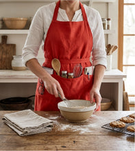 Load image into Gallery viewer, Red Linen Loose Smock Apron with Deep Pockets 42” x 38”