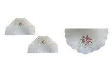 Load image into Gallery viewer, Pink Rose Arm Caps &amp; Chair Backs Scalloped Trim Furniture Antimacassar