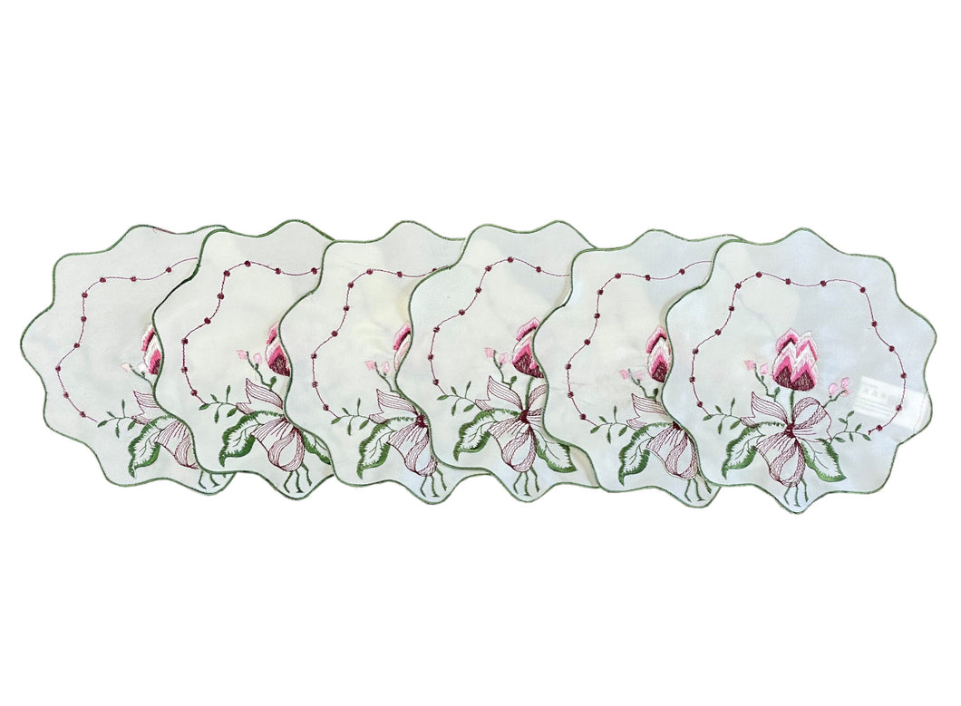 Pack of 6 Embroidered Tulip & Scallop Edge Doilies (2 Sizes)