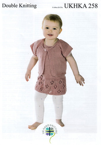 UKHKA 258 Double Knitting Pattern - Cardigans Dress & Hat Set