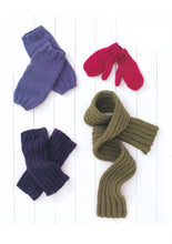 Load image into Gallery viewer, Aran Yarn Knitting Pattern for Kids Mittens Leg Warmers &amp; Scarf (UKHKA 142)