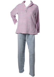 Ladies Fleecy Pyjamas - Long Sleeved Striped Top & Plain Bottoms Pink Small