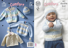 Load image into Gallery viewer, King Cole DK Knitting Pattern - Baby Cardigan Sweater Hat &amp; Mittens (3011)