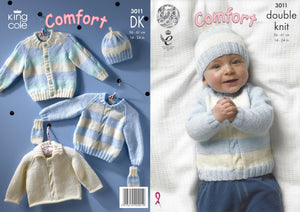 King Cole DK Knitting Pattern - Baby Cardigan Sweater Hat & Mittens (3011)