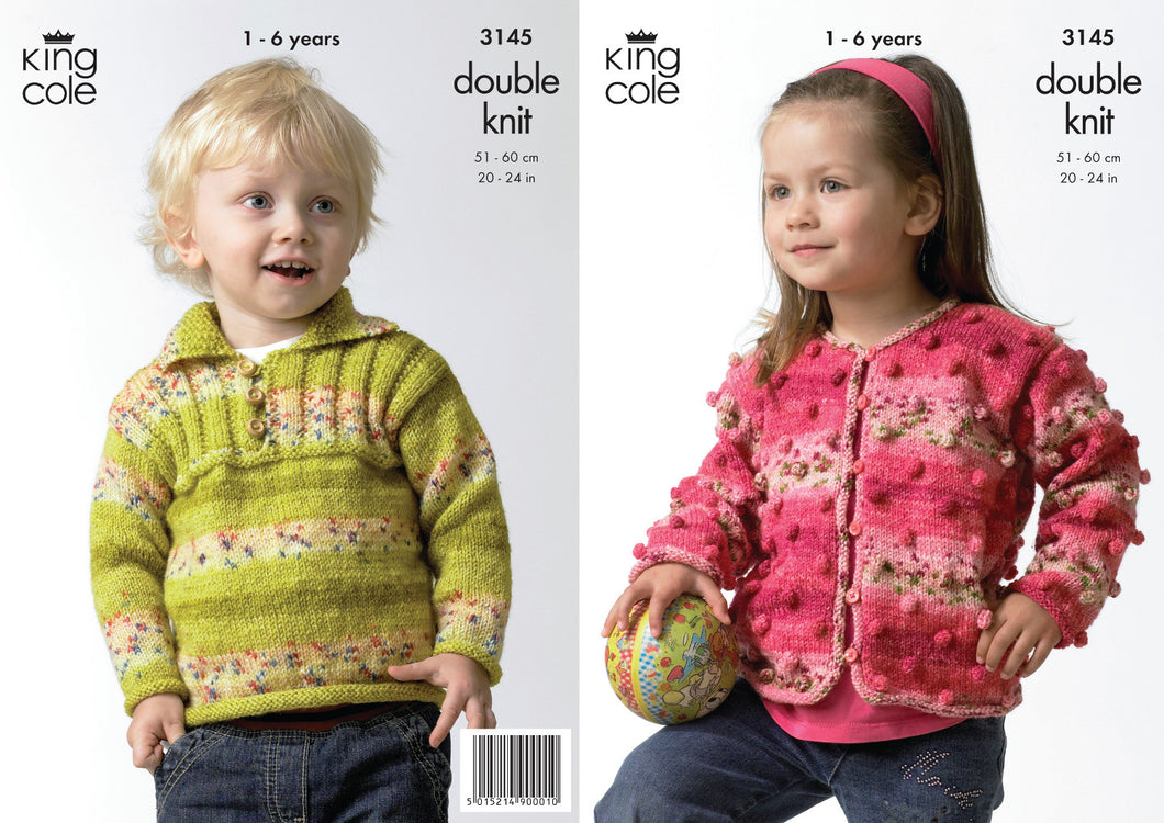 King Cole Double Knitting Pattern - 3145 Girls Cardigan & Boys Sweater