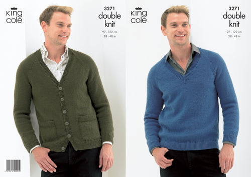 King Cole Double Knit Knitting Pattern - Mens V Neck Sweater & Cardigan (3271)