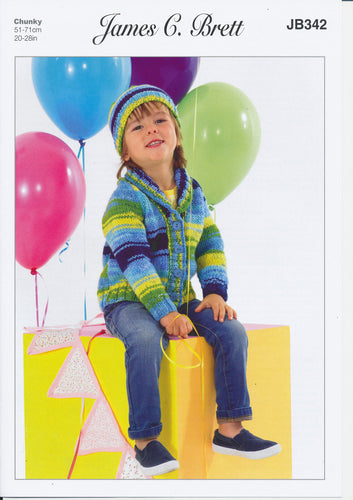 James Brett Chunky Knit Pattern Baby Kids Hat & Cardigan Party Time Wool (JB342)