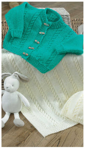 King Cole Aran Knitting Pattern  Babys Cardigan, Blanket & Hat (4223)