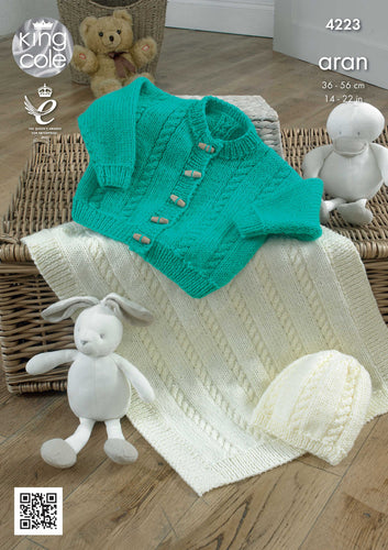 King Cole Aran Knitting Pattern  Babys Cardigan, Blanket & Hat (4223)