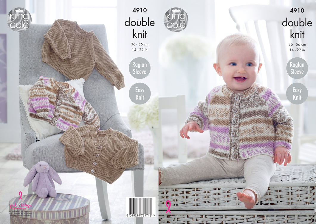 King Cole Double Knitting Pattern - Baby Raglan Cardigans & Sweater  (4910)