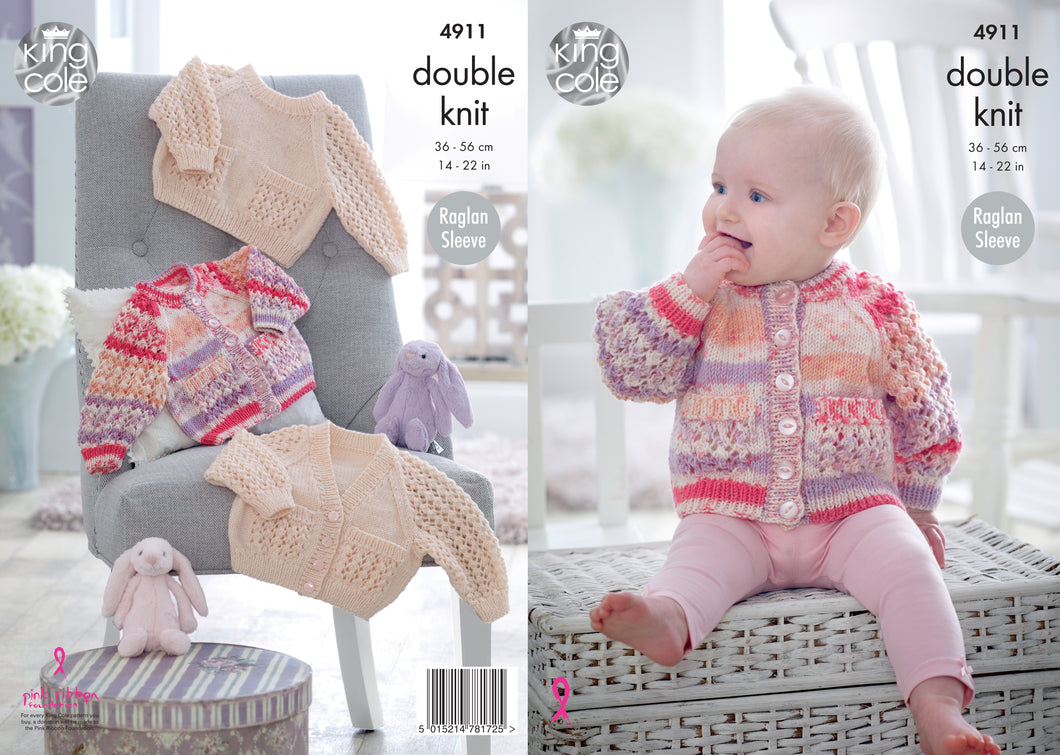 King Cole Double Knitting Pattern - Baby Raglan Cardigans & Sweater  (4911)