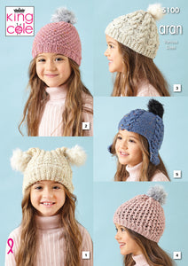 King Cole Aran Knitting Pattern - Childrens Hats (5100)