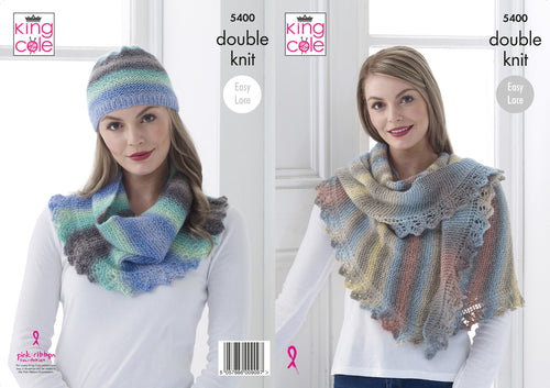 King Cole Double Knitting Pattern - Ladies Shawl Cowl & Hat (5400)