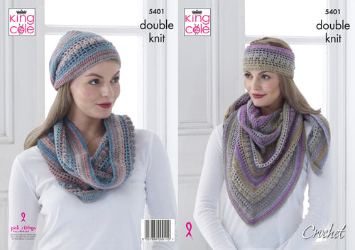 King Cole Double Knit Crochet Pattern - Ladies Shawl Cowl Hat & Headband (5401)