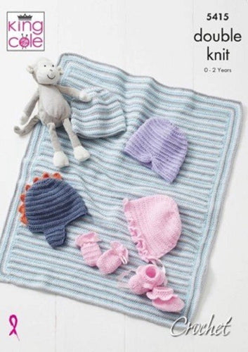 King Cole Double Knit Crochet Pattern - Baby Hat Mitts Bootees & Blanket (5415)