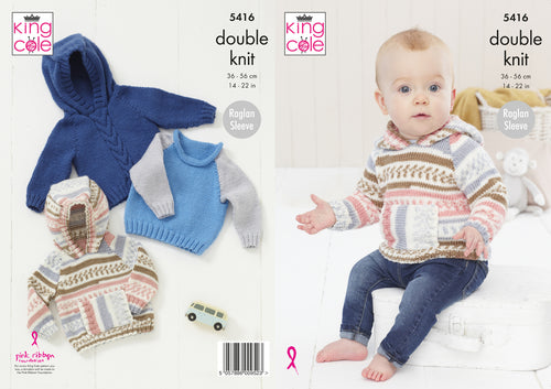 King Cole Double Knitting Pattern - Baby Sweater & Hoodie (5416)