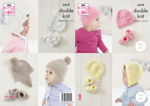 King Cole Double Knitting Pattern - Baby Hat & Bootees Sets (5419)