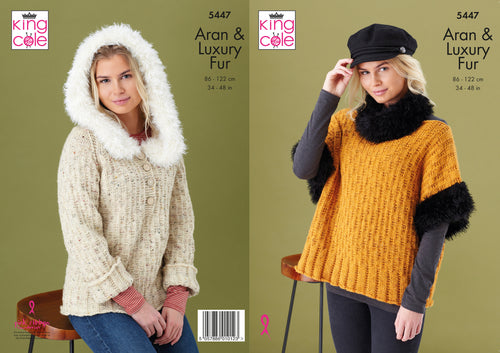 King Cole Aran Knitting Pattern - Ladies Sweater Top & Cowl (5447)