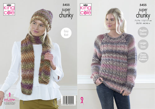 King Cole Super Chunky Knitting Pattern - Ladies Sweater Hat & Scarf (5455)