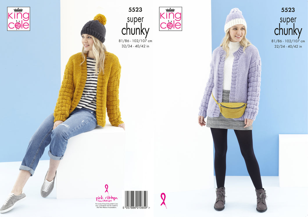 King Cole Super Chunky Knitting Pattern - Ladies Cardigans & Hats (5523)