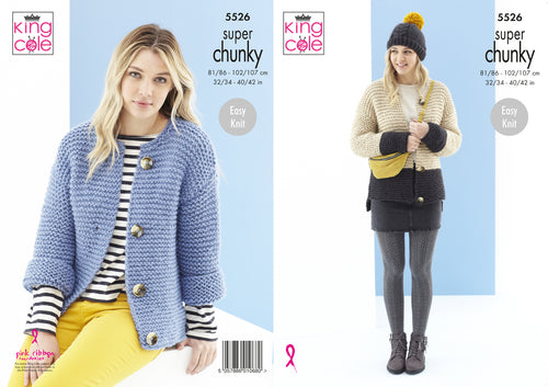 King Cole Super Chunky Knitting Pattern - Ladies Cardigans & Hat (5526)