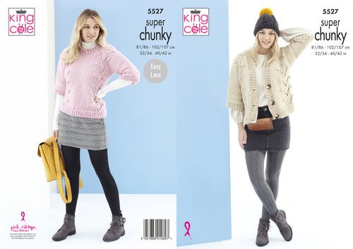 King Cole Super Chunky Knitting Pattern - Ladies Sweater Cardigan & Hat (5527)