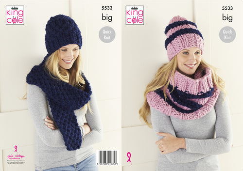 King Cole Super Chunky Knitting Pattern - Ladies Hats Cowl & Scarf (5533)