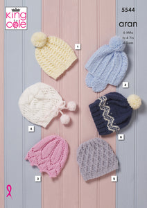 King Cole Aran Knitting Pattern - Baby Hats (5544)