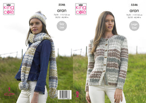 King Cole Aran Knitting Pattern - Ladies Cardigan Tube Scarf & Hat (5546)