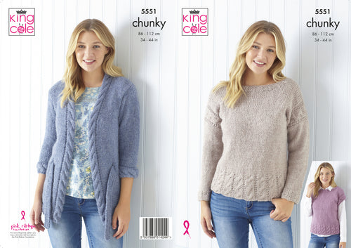 King Cole Chunky Knitting Pattern - Ladies Cardigan Sweater & Top (5551)