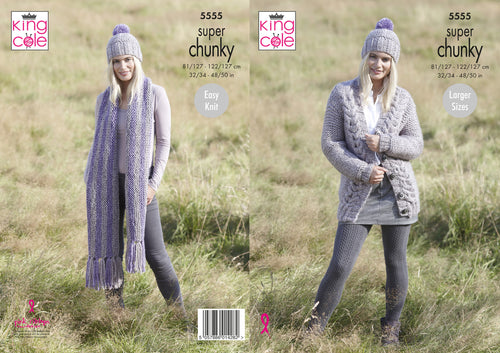 King Cole Super Chunky Knitting Pattern - Ladies Cardigan Scarf & Hat (5555)