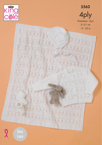 King Cole 4ply Knitting Pattern - Baby Cardigan Bonnet Bootees & Blanket (5562)