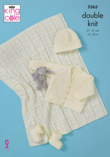 King Cole Double Knitting Pattern - Baby Cardigan Hat Bootees & Blanket (5563)