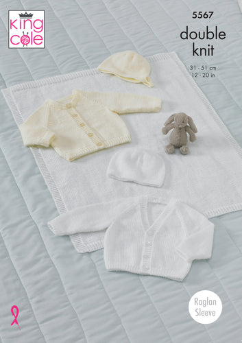 King Cole Double Knitting Pattern - Baby Cardigan Hats & Blanket (5567)