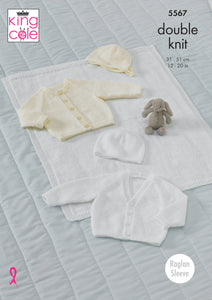 King Cole Double Knitting Pattern - Baby Cardigan Hats & Blanket (5567)