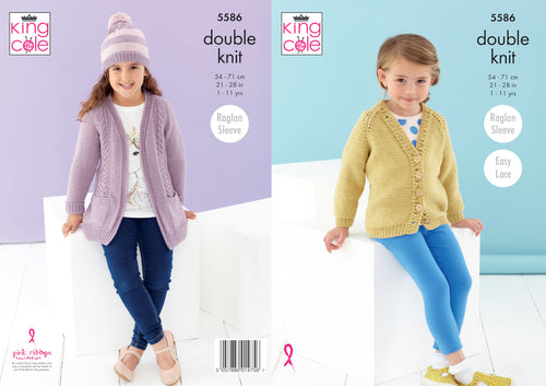 King Cole Double Knitting Pattern - Girls Cardigans & Hat (5586)