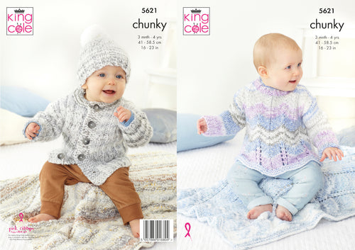 King Cole Chunky Knitting Pattern - Baby Sweater Jacket Hat & Blankets (5621)