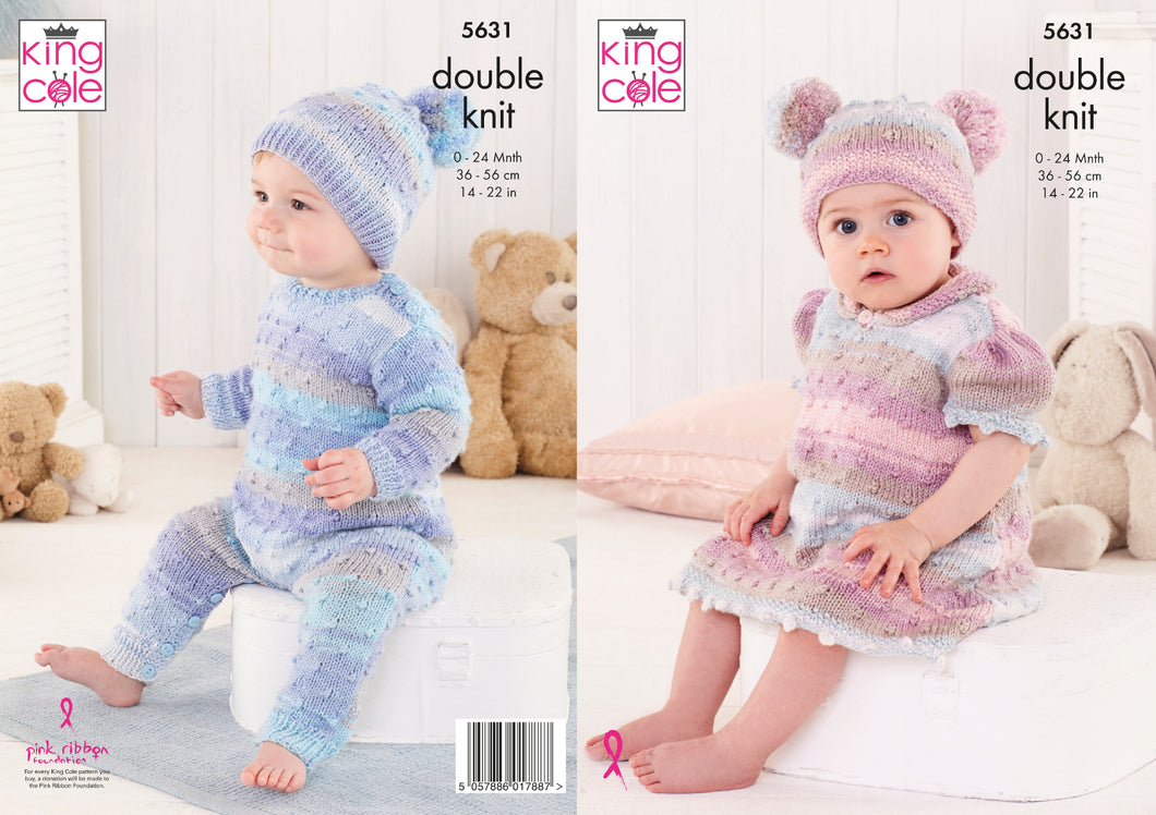 King Cole Double Knitting Pattern - Baby Dress All in One & Hats (5631)