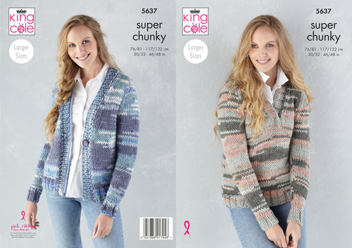 King Cole Super Chunky Knitting Pattern - Ladies Sweater & Cardigan (5637)