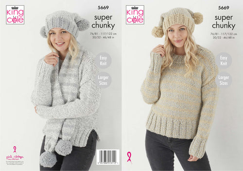 King Cole Super Chunky Knitting Pattern - Ladies Sweater Hat & Scarf (5669)